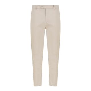 Front view of men's Savvy Pant beige tailored trousers with belt loops and button fastening