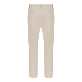 Back view of men's Savvy Pant beige tailored trousers with belt loops and buttoned rear pockets